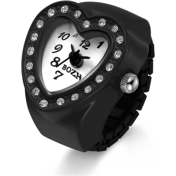 Romantic Black Heart Watch Ring – Crystal-Accented Timepiece Jewelry - Picture 1 of 6